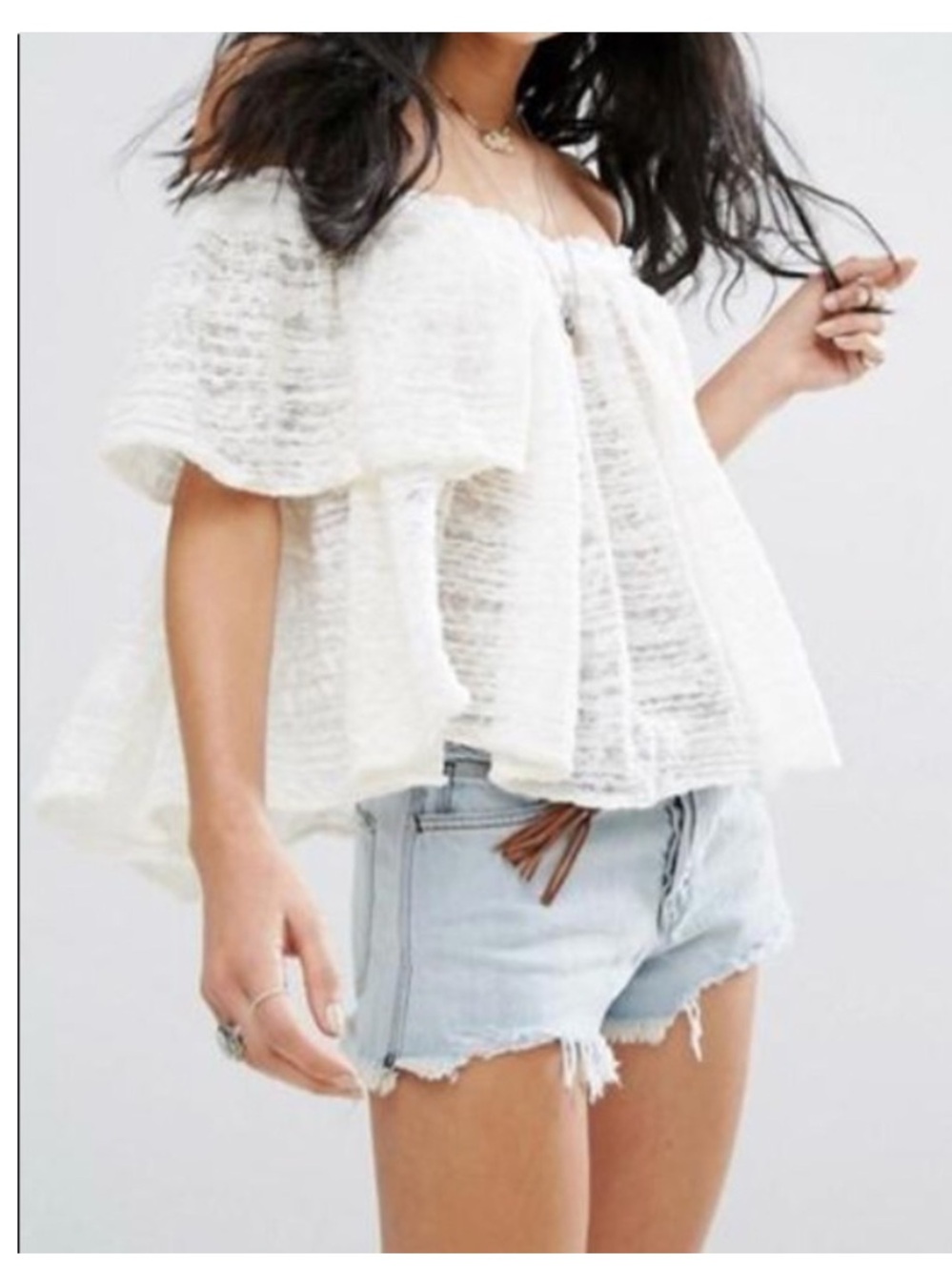 Free People Thrills and Frills Cropped Boho Off Shoulder Crochet Blouse Size M - Picture 2 of 7